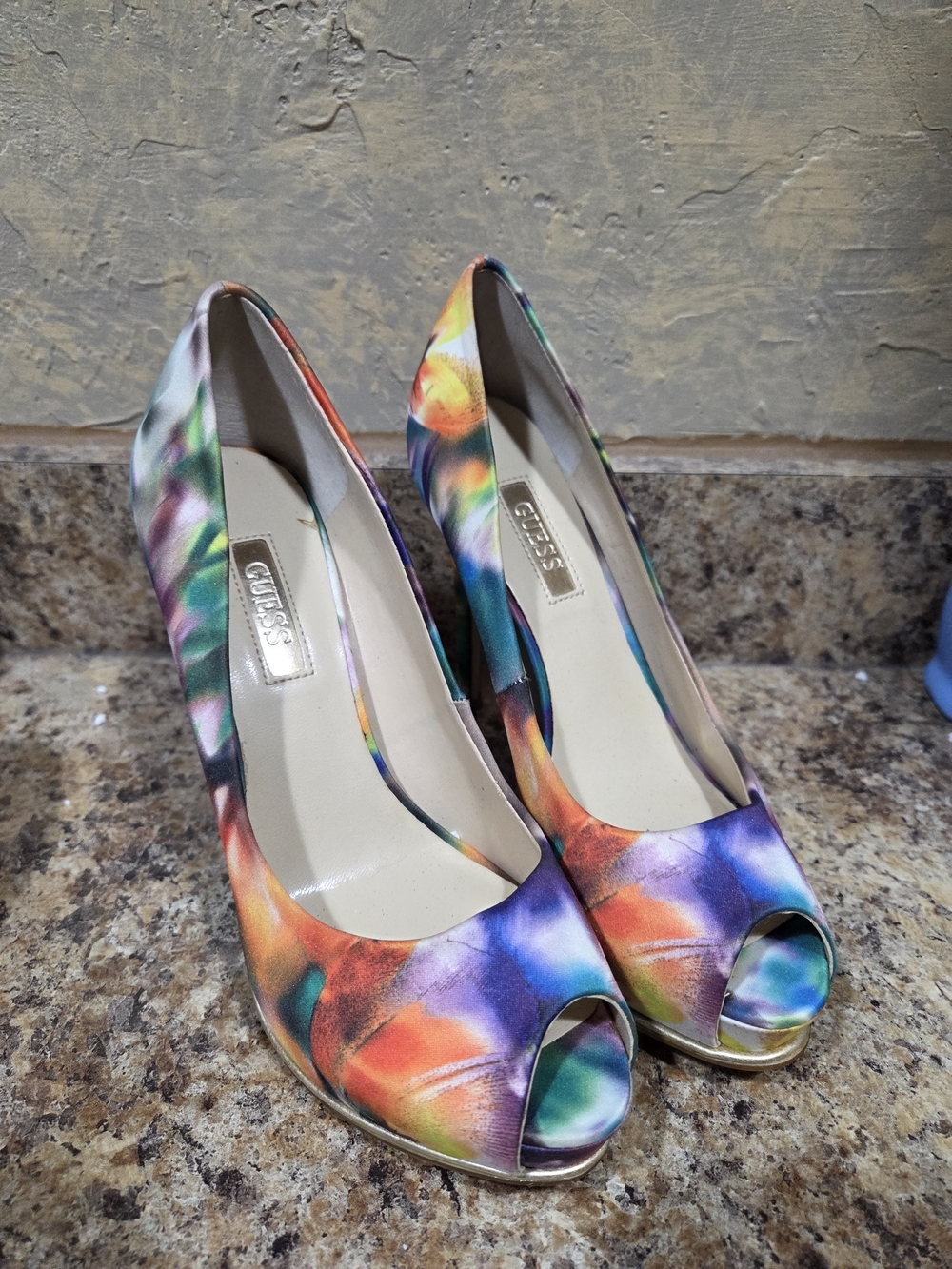GUESS Multicolor Watercolor Peep-Toe Heels